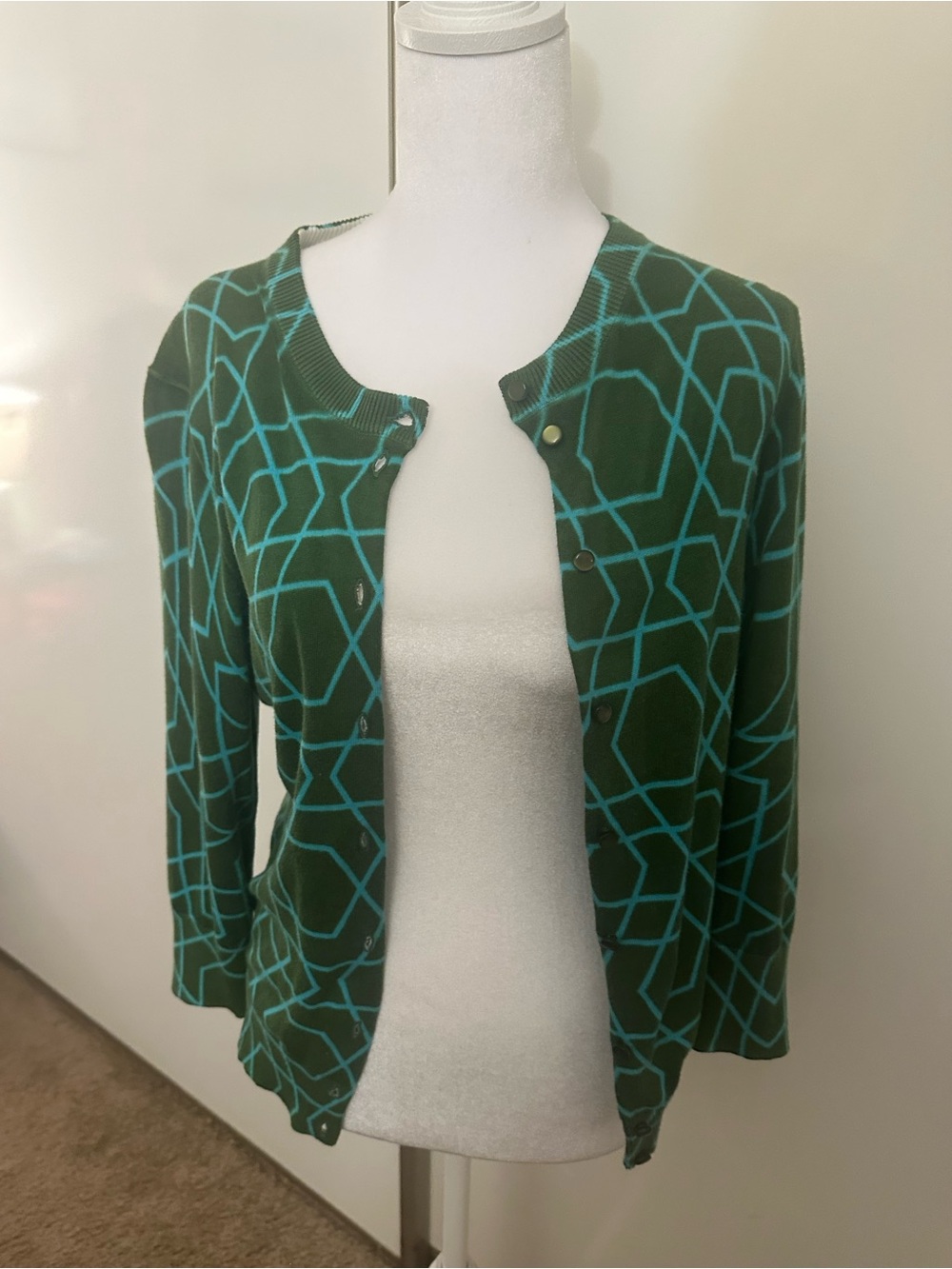 J. Crew Green Cardigan with Teal Geometric Print
